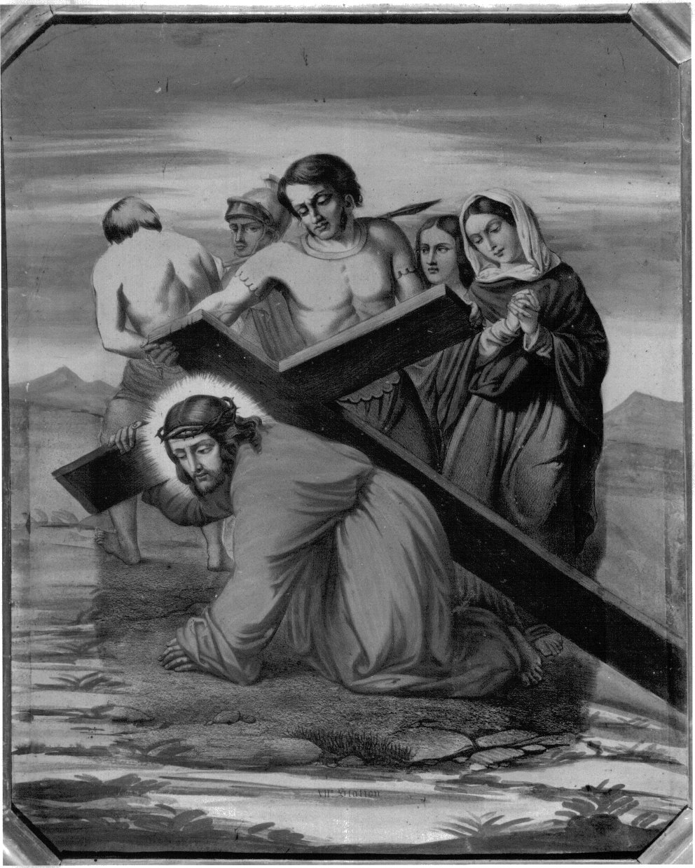 stazione VII: Gesù cade sotto la croce la seconda volta (stampa a colori, elemento d'insieme) - ambito francese (prima metà sec. XX)