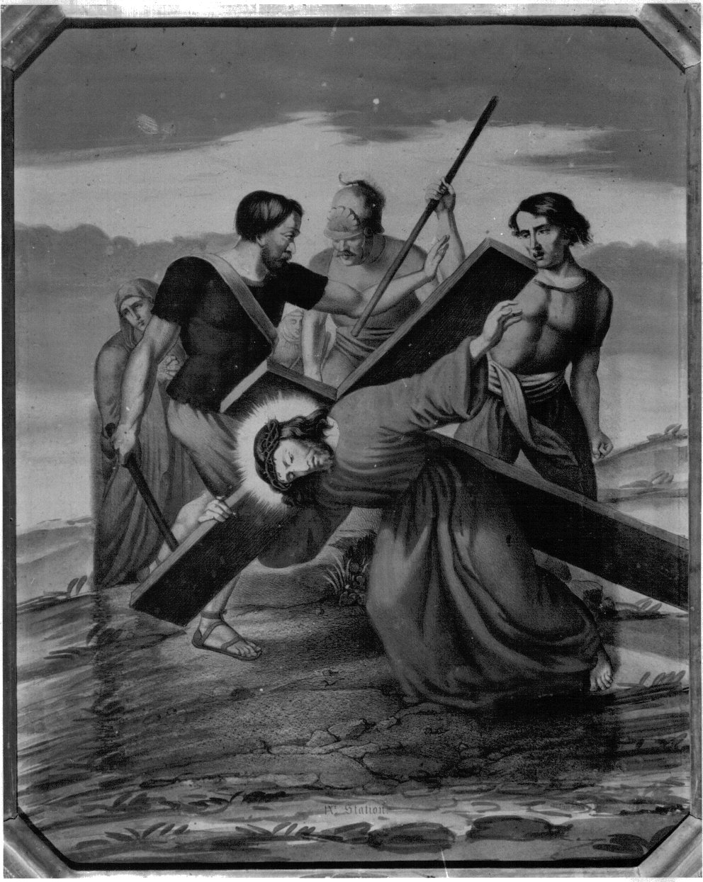 stazione IX: Gesù cade sotto la croce la terza volta (stampa a colori, elemento d'insieme) - ambito francese (prima metà sec. XX)