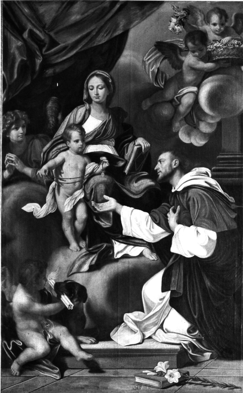 Madonna del Rosario con San Domenico e angeli (dipinto, opera isolata) di Lapis Gaetano detto Carraccetto (sec. XVIII)