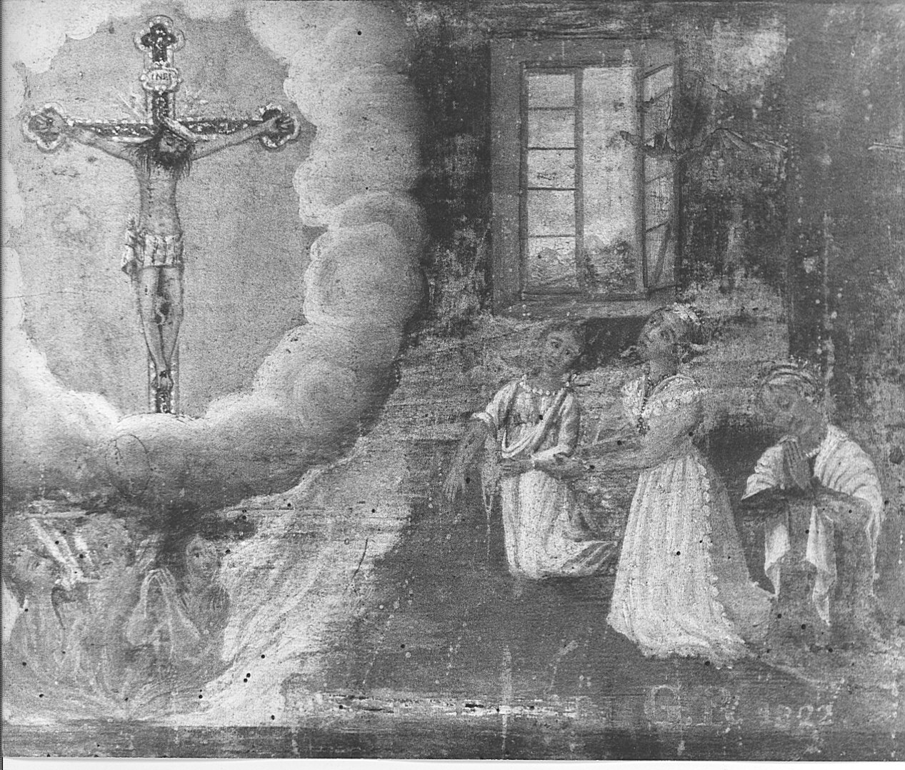 tre donne che adorano il crocifisso apparso loro (ex voto, opera isolata) - ambito lombardo (sec. XIX)
