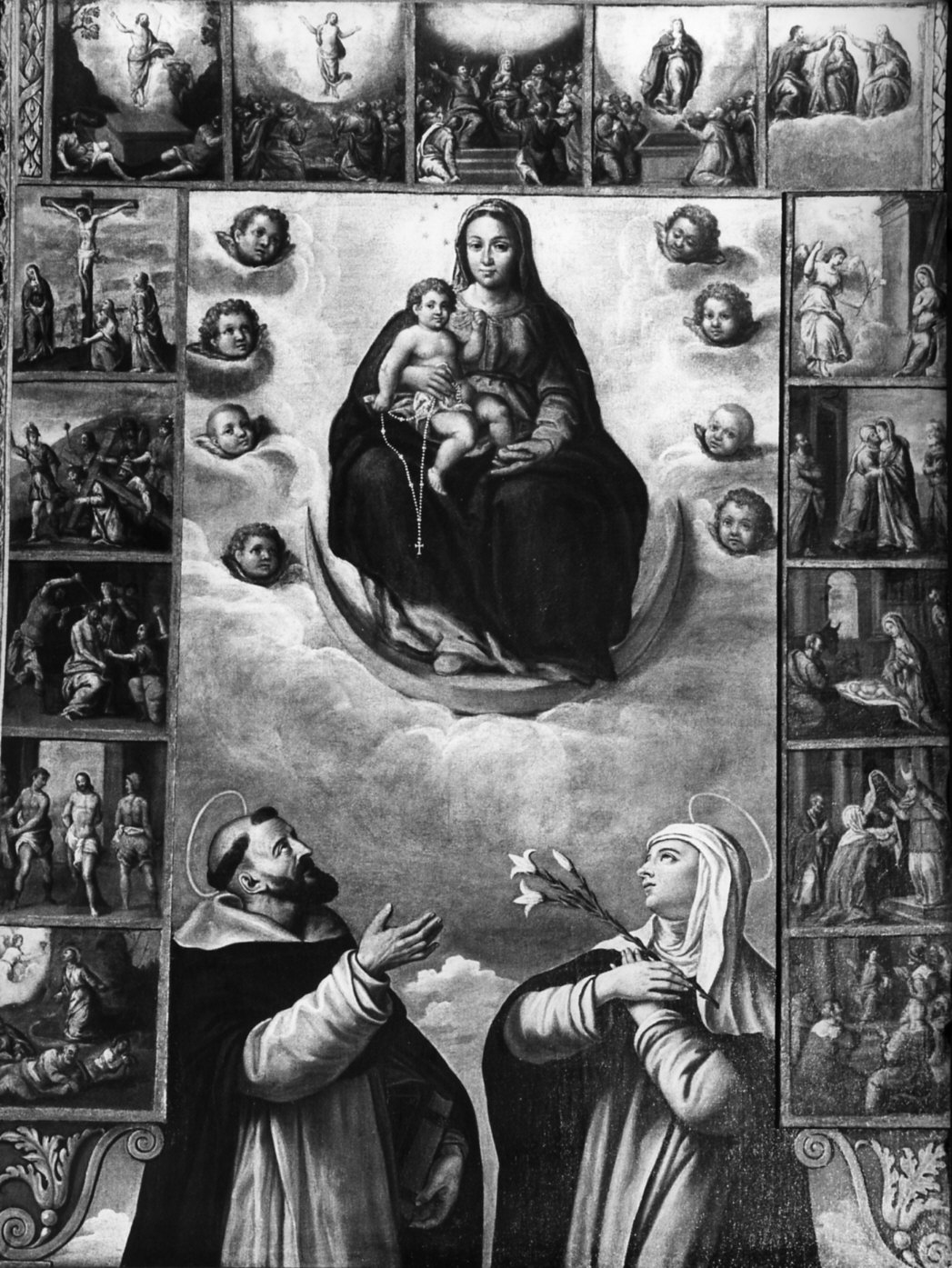 Madonna del Rosario con San Domenico e Santa Caterina da Siena/ Misteri del Rosario (pala d'altare) - ambito lombardo (sec. XVIII)