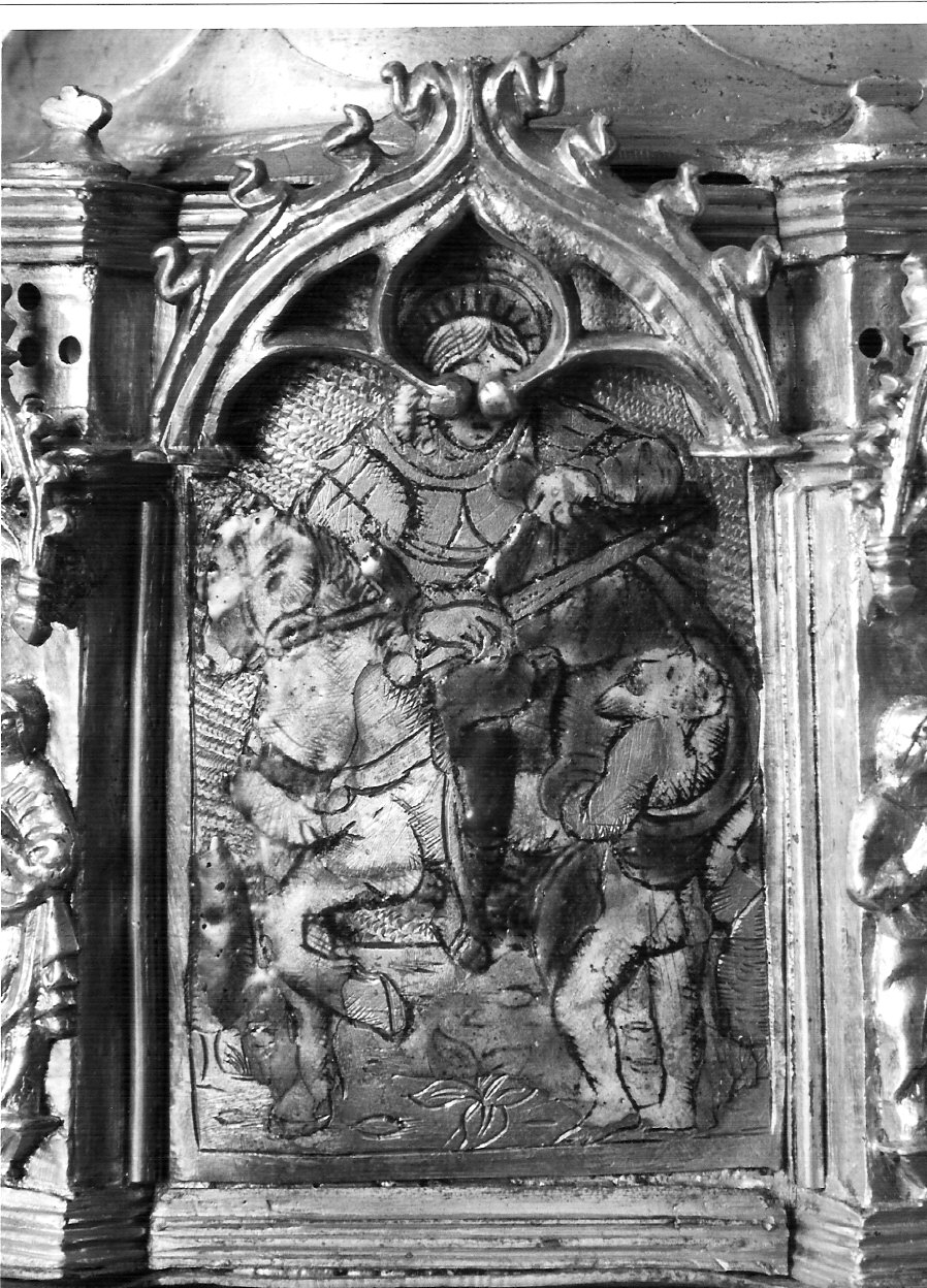 San Martino dona parte del mantello al povero (placchetta di croce processionale, elemento d'insieme) - bottega lombarda (fine/inizio secc. XV/ XVI)