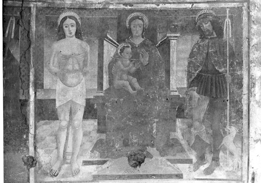 Madonna con Bambino e angeli tra San Sebastiano e San Rocco (dipinto murale, opera isolata) - ambito lombardo (primo quarto sec. XVI)