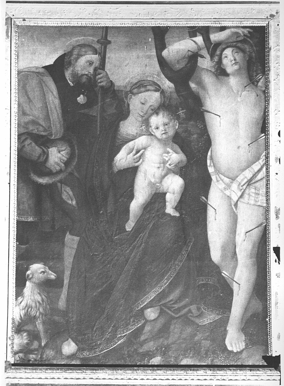 Madonna con Bambino tra San Rocco e San Sebastiano, Madonna con Bambino tra San Rocco e San Sebastiano (dipinto) di Giovenone Gerolamo (attribuito) (sec. XVI)