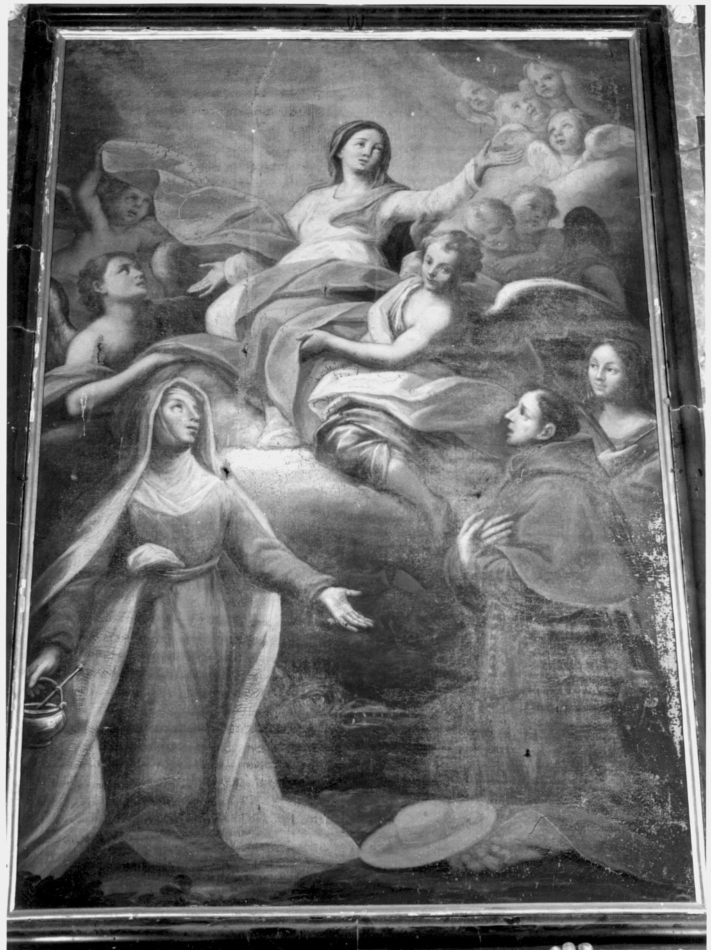 Madonna in gloria tra Santa Marta, Santa Lucia (?) e personaggio in abito cardinalizio (dipinto) - ambito lombardo (sec. XVIII)