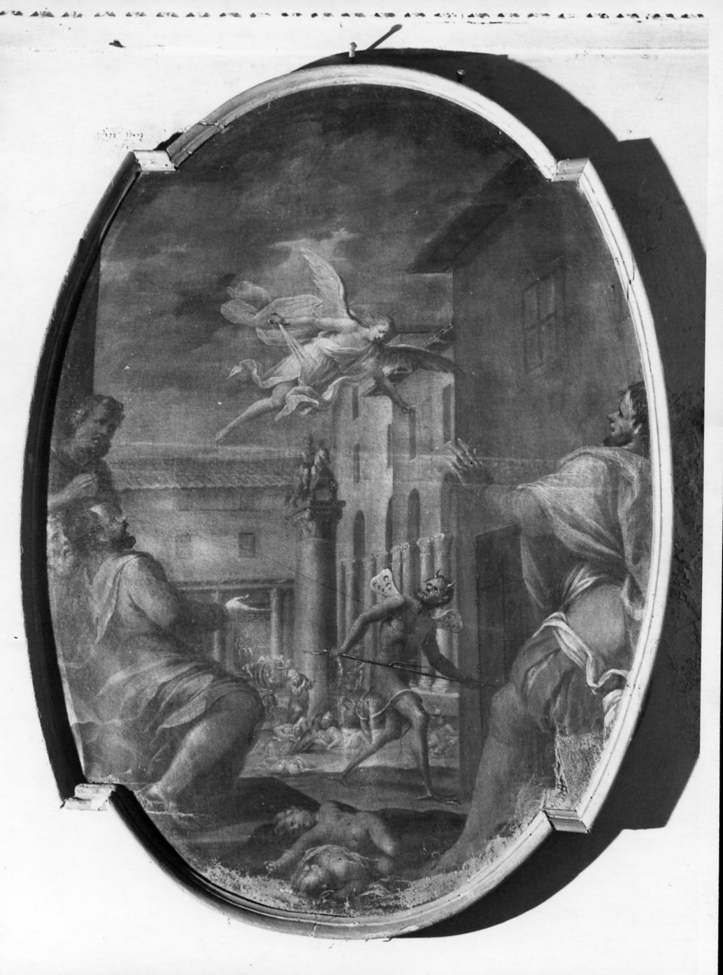 angelo che scaccia il demone della peste (dipinto, opera isolata) - ambito lombardo (sec. XVIII)