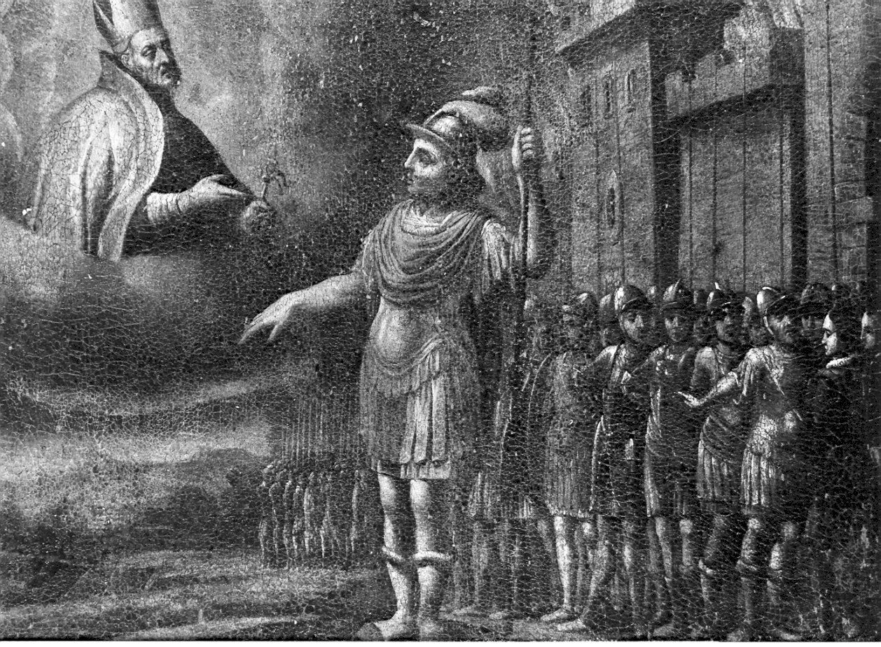 Sant'Ambrogio appare a una schiera di guerrieri (dipinto, opera isolata) - ambito lombardo (sec. XVII)