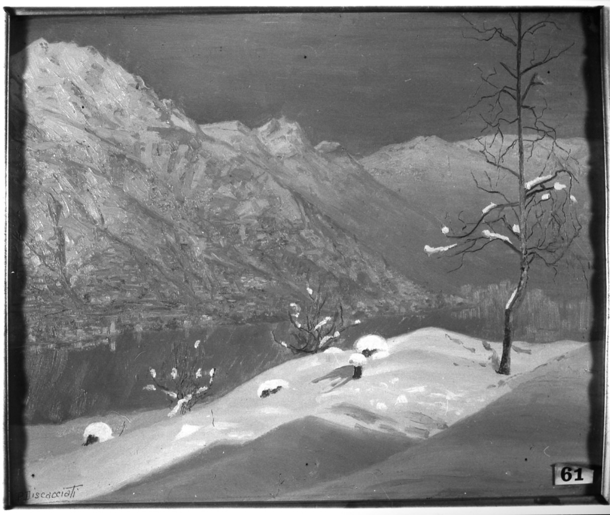 Veduta invernale del lago di Como da Moleria, paesaggio invernale (dipinto, opera isolata) - ambito italiano (sec. XX)