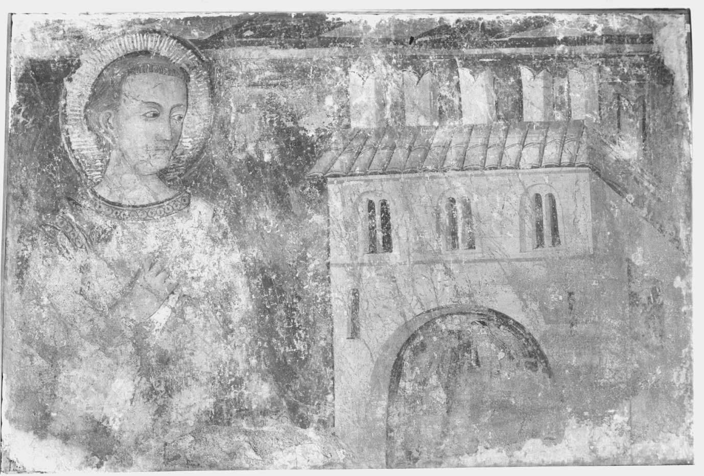 Santo (dipinto murale staccato, frammento) di Secondo Maestro di S. Margherita (attribuito) (prima metà sec. XIV)