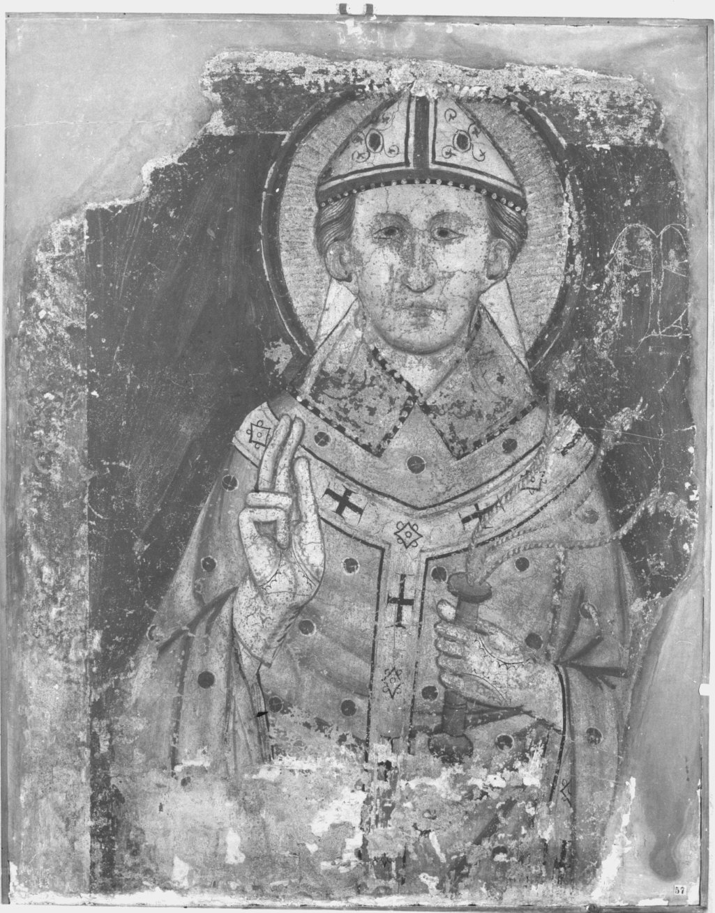 Sant'Ambrogio (dipinto murale staccato, frammento) di Secondo Maestro di S. Margherita (attribuito) (prima metà sec. XIV)