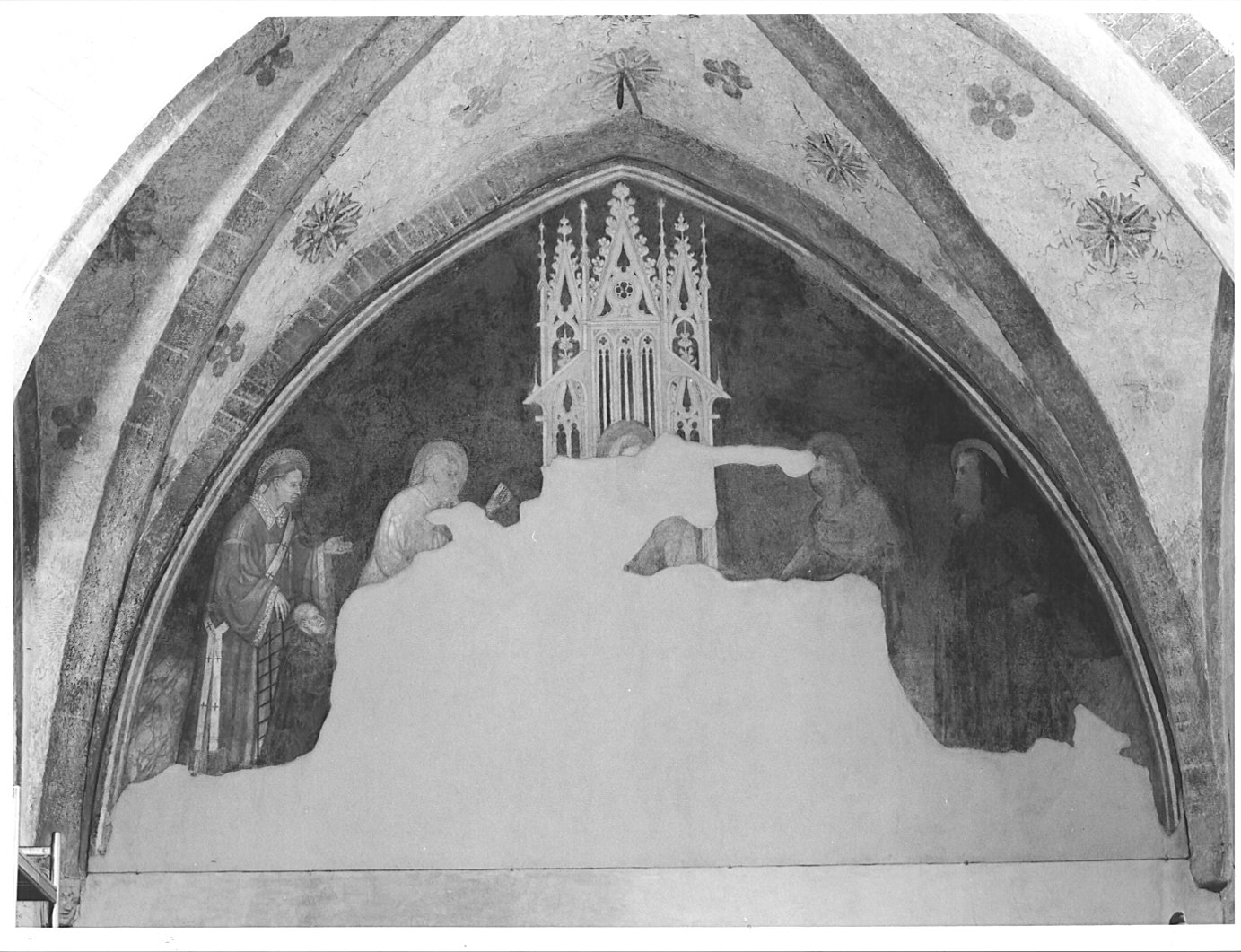 Madonna in trono con Bambino fra San Lorenzo, Sant'Antonio Abate, devoto, santi (dipinto murale, opera isolata) di Michelino da Besozzo (attribuito) (sec. XIV)