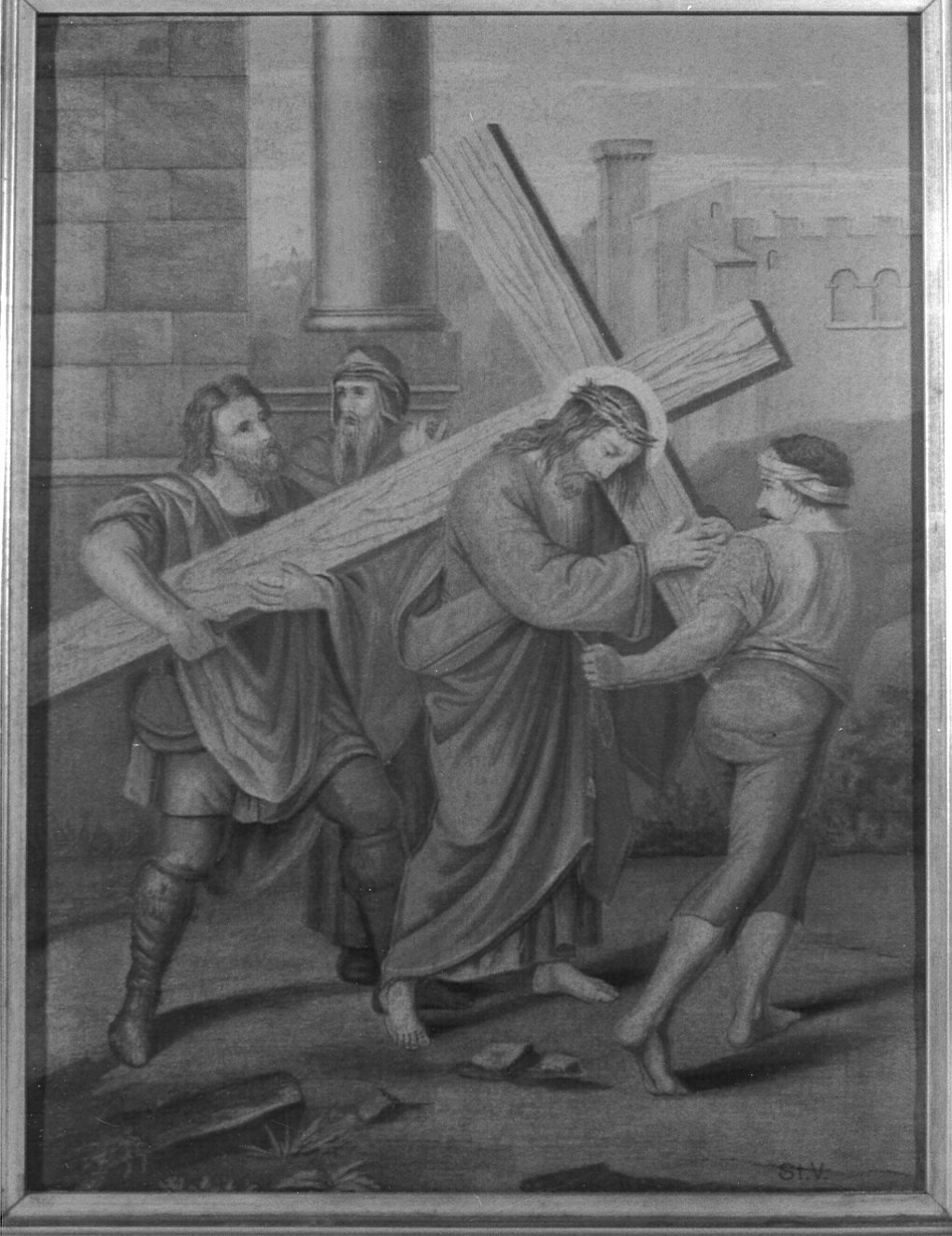 stazione V: Gesù aiutato da Simone il Cireneo a portare la croce (stampa, elemento d'insieme) - ambito italiano (seconda metà sec. XIX)