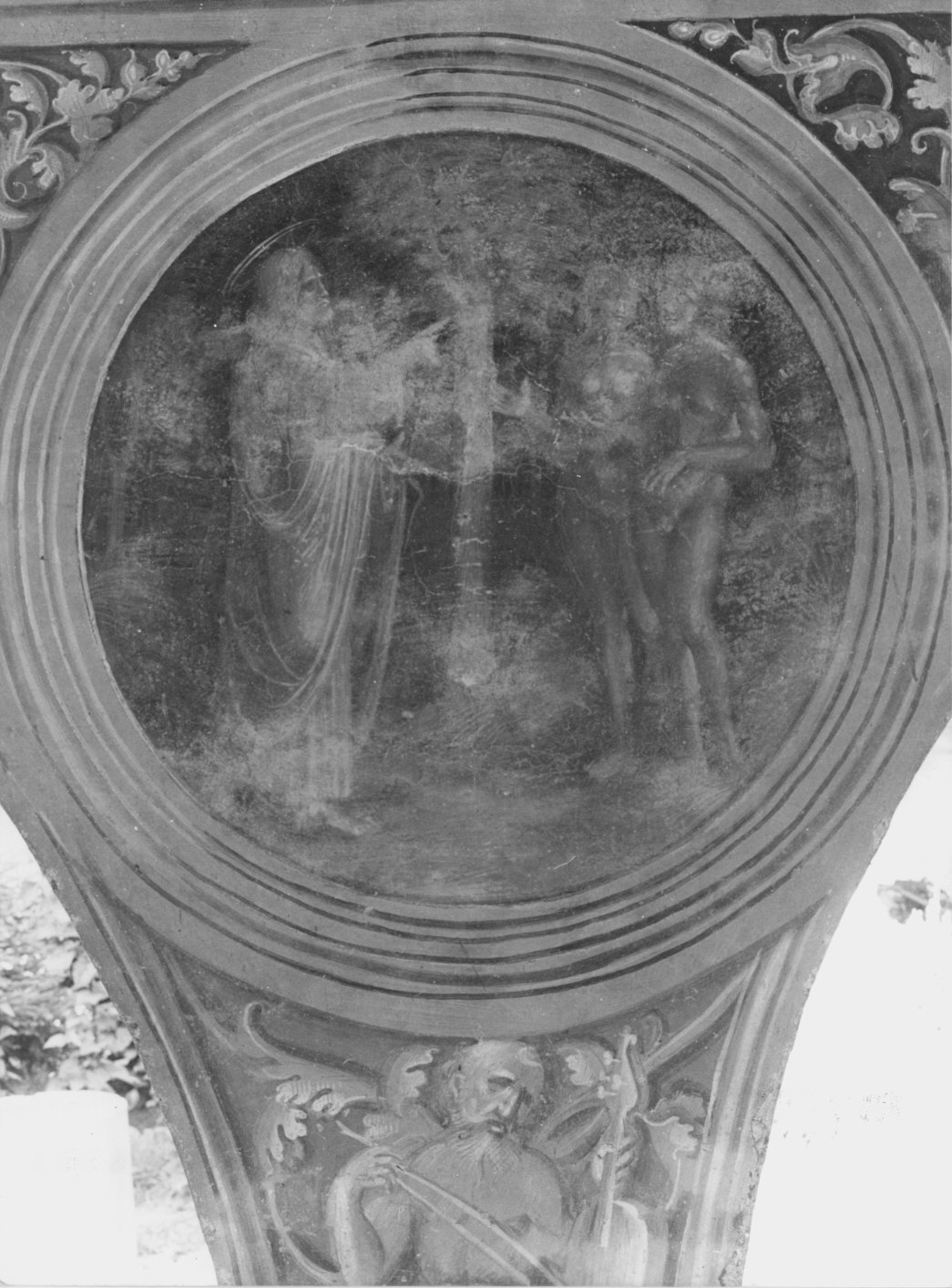 cacciata di Adamo ed Eva dal paradiso terrestre (?) (dipinto murale, elemento d'insieme) - ambito lombardo (sec. XVI)