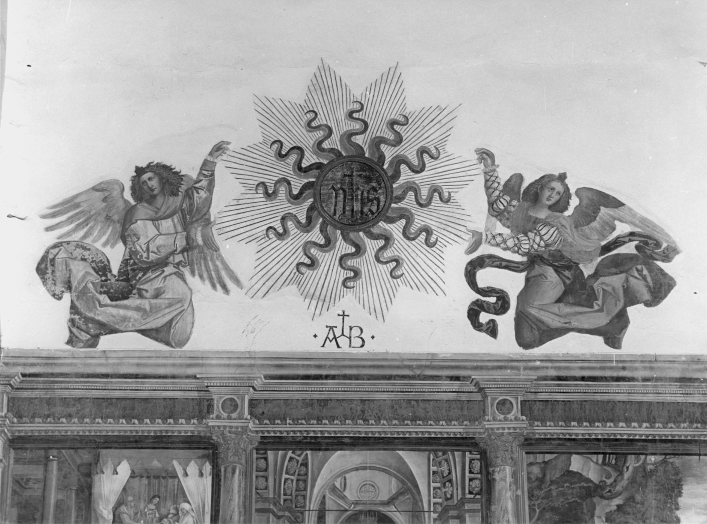 angeli con monogramma cristologico (dipinto murale, elemento d'insieme) di De Magistris Sigismondo (attribuito) (sec. XVI)