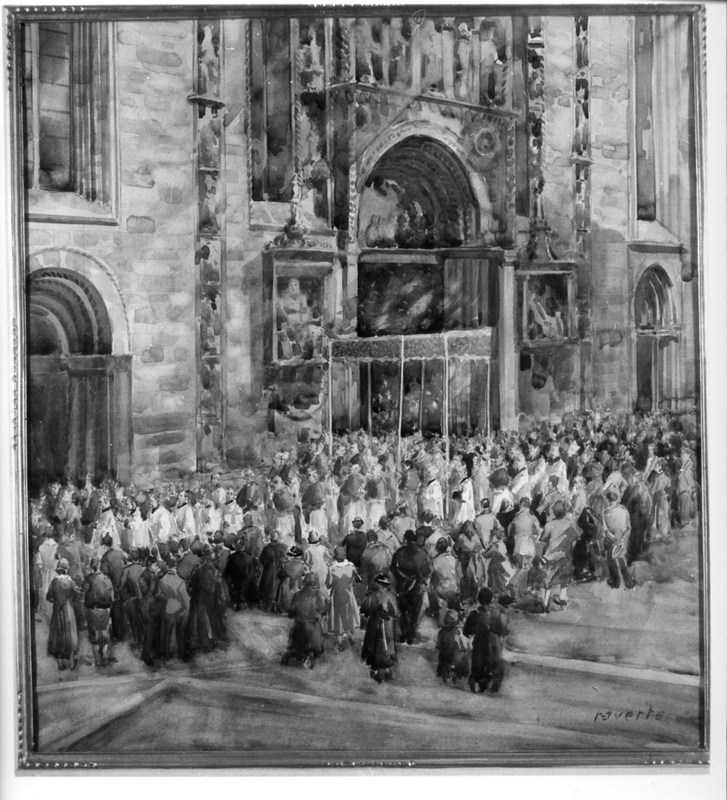 processione in piazza del Duomo a Como (disegno, opera isolata) - ambito lombardo (sec. XX)