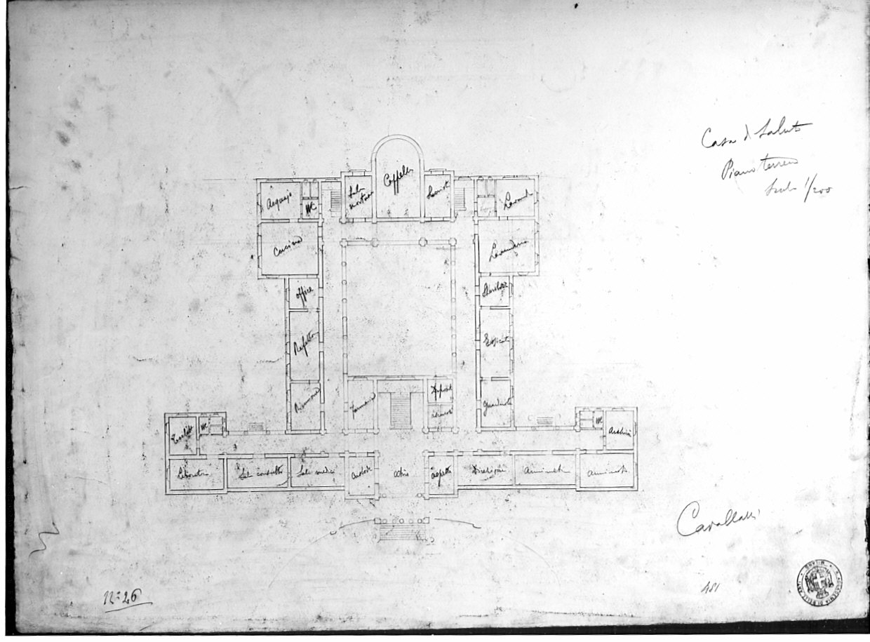 Progetto per casa di cura: pianta piano terra, architettura (disegno architettonico, opera isolata) di Cavallari Antonio (attribuito) (sec. XX)