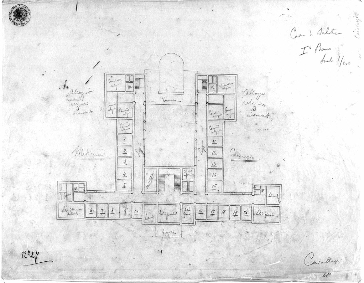 Progetto per casa di cura: pianta del primo piano, architettura (disegno architettonico, opera isolata) di Cavallari Antonio (attribuito) (sec. XX)