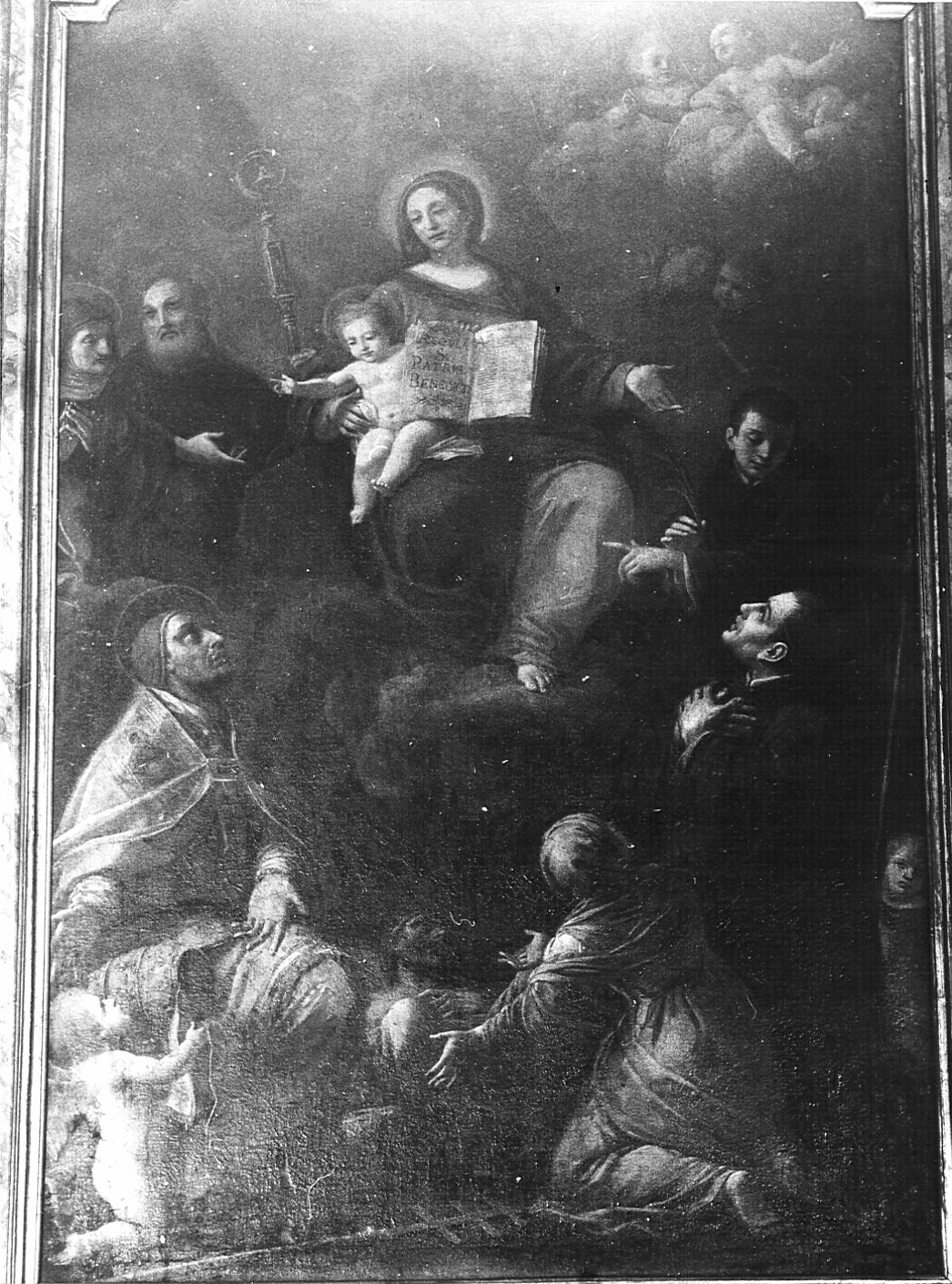 Madonna con Bambino adorata da un papa e dagli Olivetani intercedenti per un morente, Madonna con Bambino e altri personaggi (dipinto) - ambito lombardo (sec. XVII)