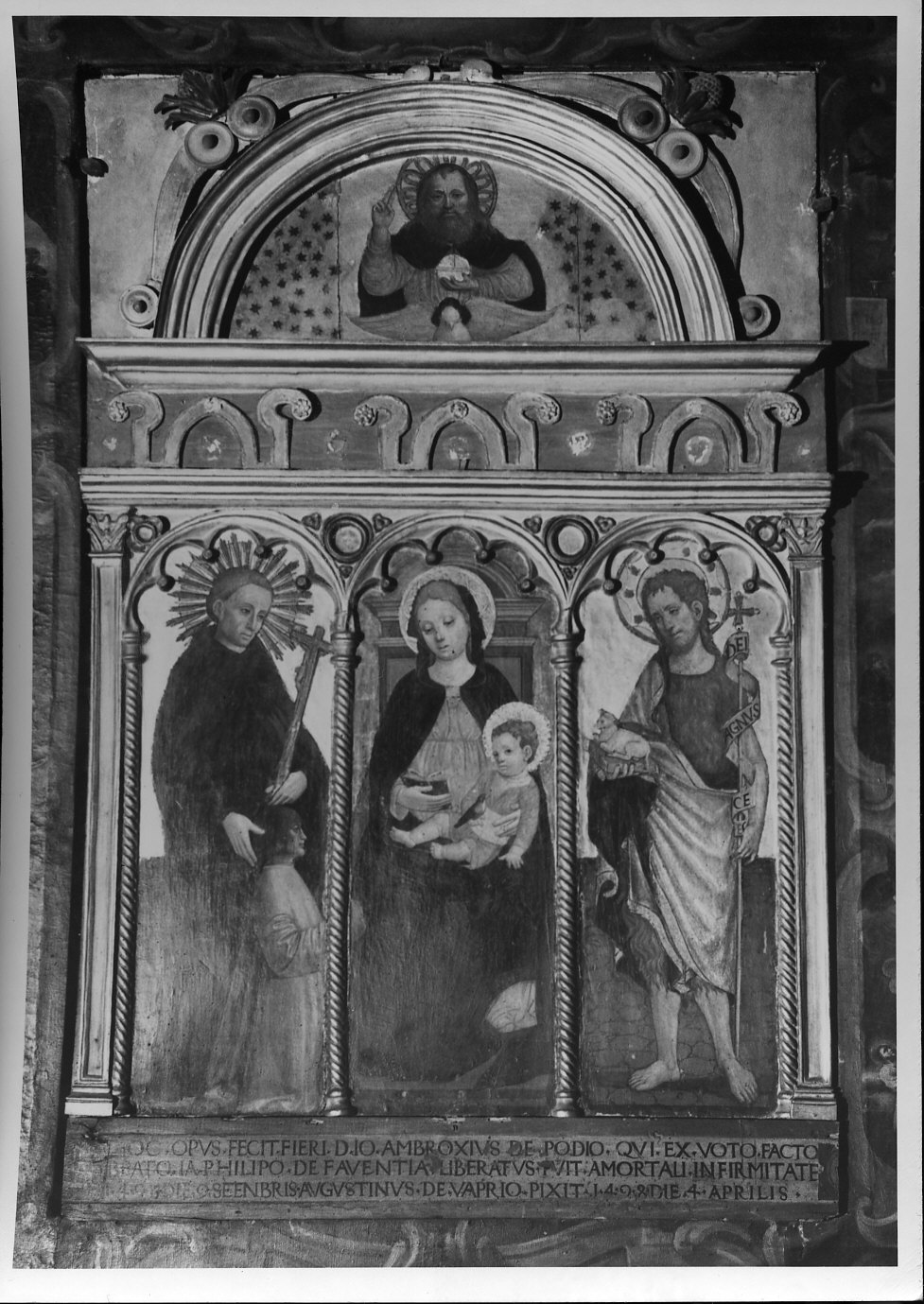 Madonna con Bambino/ Dio Padre/ beato Giacomo Filippo Bertoni/ San Giovanni Battista (polittico, opera isolata) di Agostino da Vaprio (sec. XV)