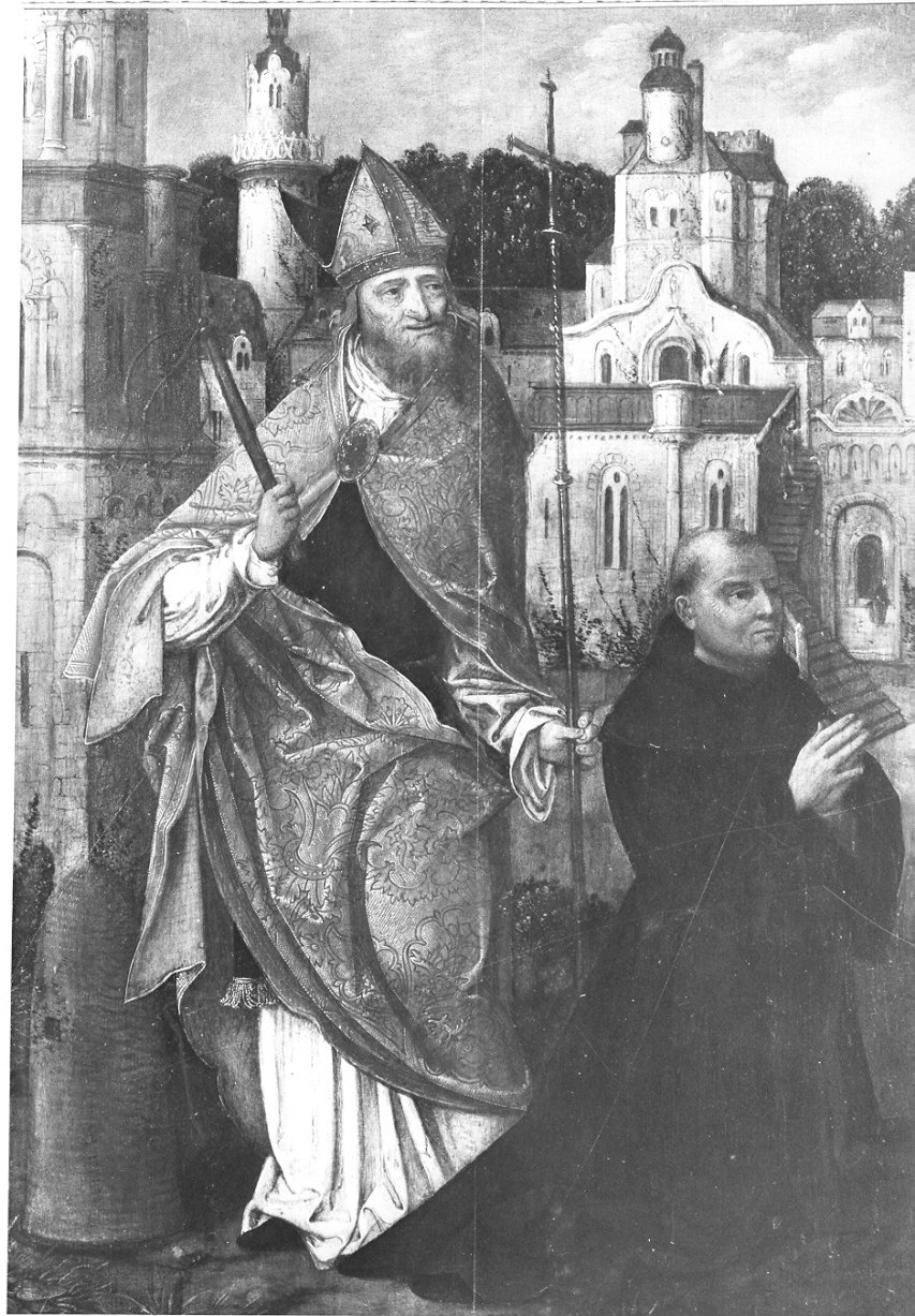 Sant'Ambrogio con frate certosino (dipinto, opera isolata) - ambito piemontese (sec. XVI)