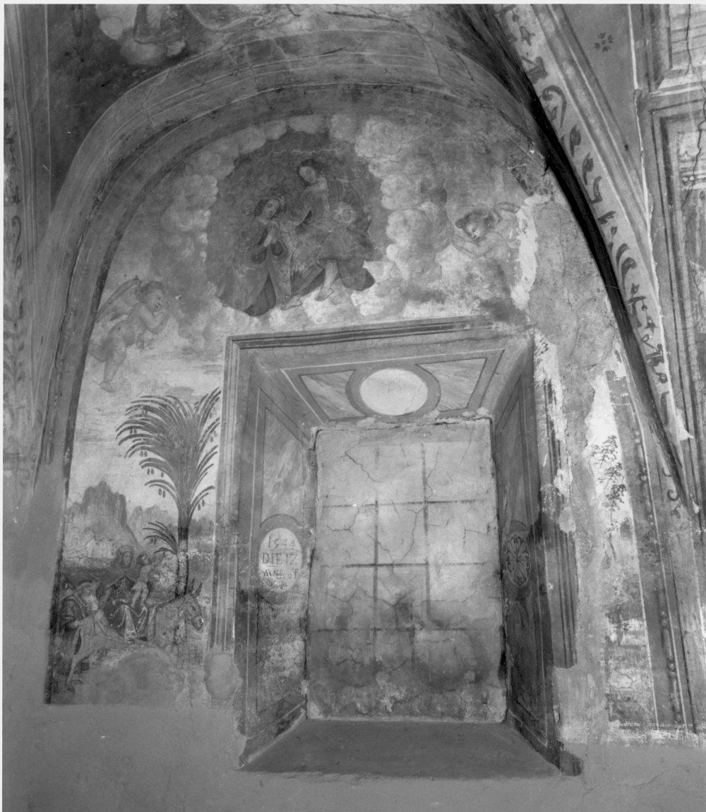 fuga in Egitto/ incoronazione di Maria Vergine (dipinto murale, elemento d'insieme) - ambito lombardo (sec. XVI)