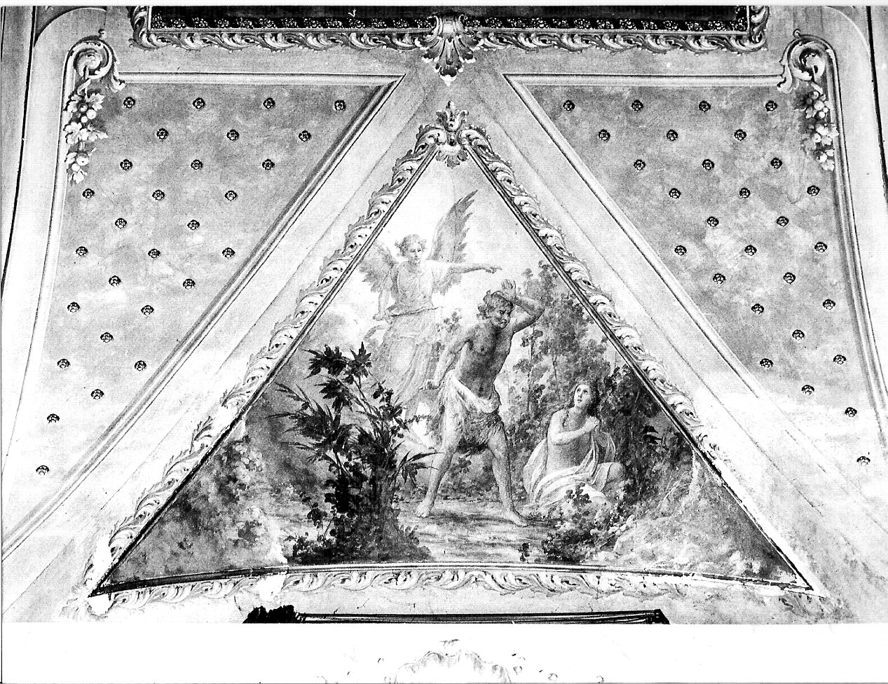 cacciata di Adamo ed Eva dal paradiso terrestre (decorazione pittorica, elemento d'insieme) di Tagliaferri Luigi (sec. XX)