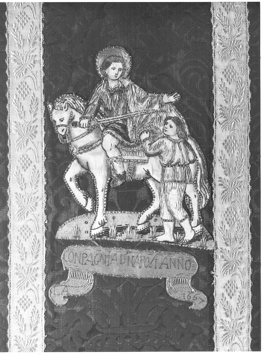 San Martino dona parte del mantello al povero (decorazione a ricamo, elemento d'insieme) - manifattura italiana (sec. XVII)