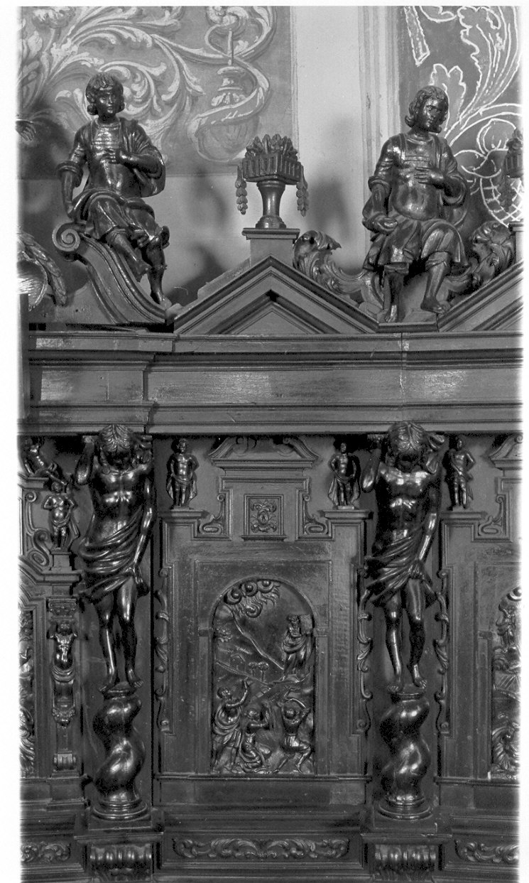 Mosè con le tavole della legge (pannello di stallo di coro, insieme) di Zotti Giovanni Battista (secc. XVII/ XVIII)