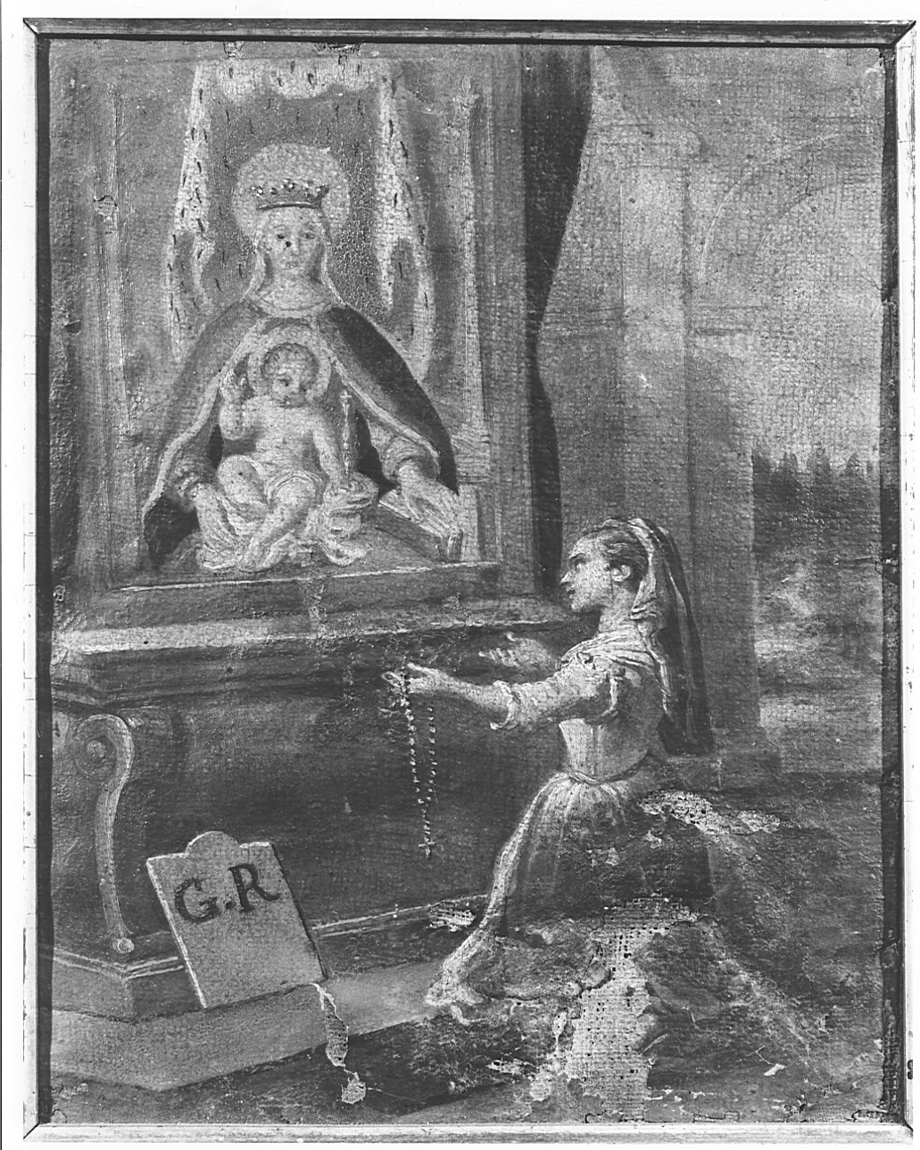 donna orante davanti all'altare dove è raffigurata la Madonna dei Miracoli (ex voto, opera isolata) - ambito lombardo (fine sec. XVIII)