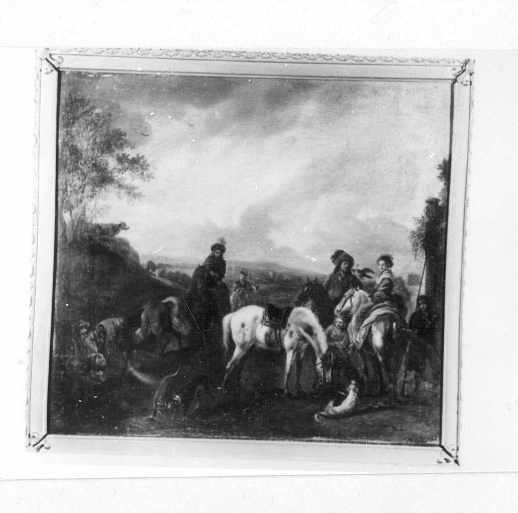 Partita di caccia, paesaggio con figure (dipinto) - ambito olandese (sec. XVII)
