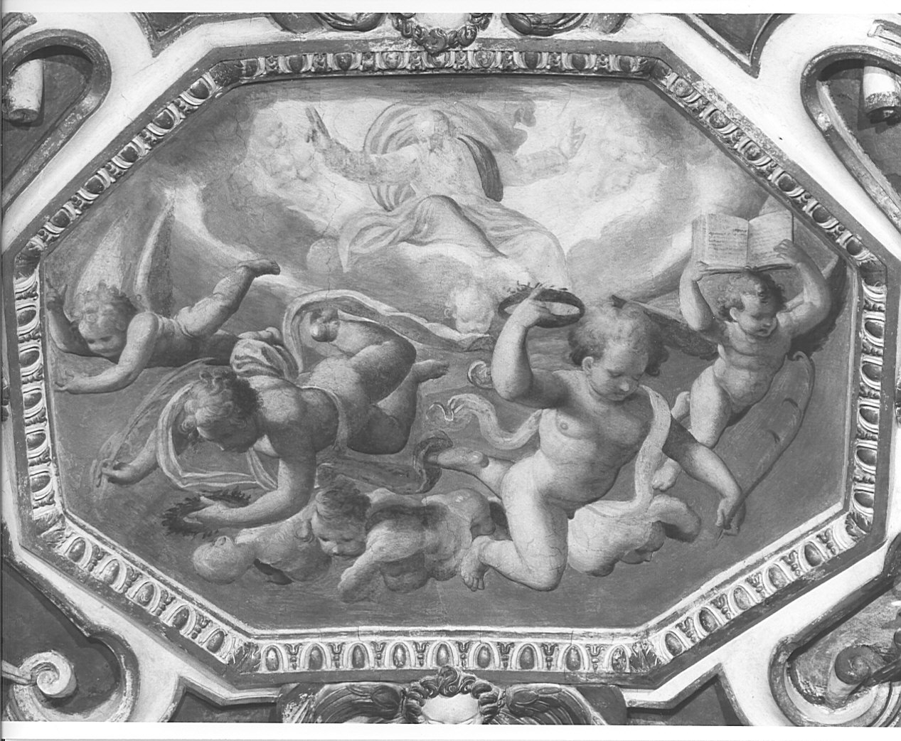 Dio Padre benedicente con angioletti e cherubini (dipinto murale, elemento d'insieme) di Caresana Domenico (sec. XVII)