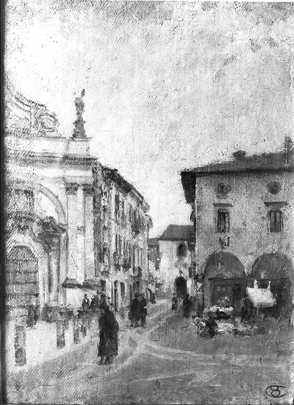 Un angolo della piazza di Vigevano, veduta di città (dipinto) di Ottone Casimiro (attribuito) (secc. XIX/ XX)
