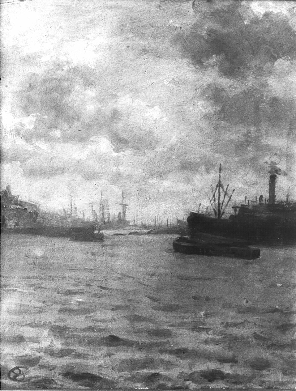 Il porto di Genova, paesaggio marino con nave allo scalo (dipinto) di Ottone Casimiro (attribuito) (inizio sec. XX)
