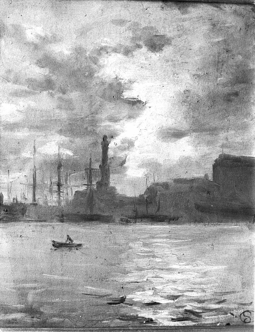 Il porto di Genova al tramonto, paesaggio marino con nave allo scalo (dipinto) di Ottone Casimiro (attribuito) (inizio sec. XX)