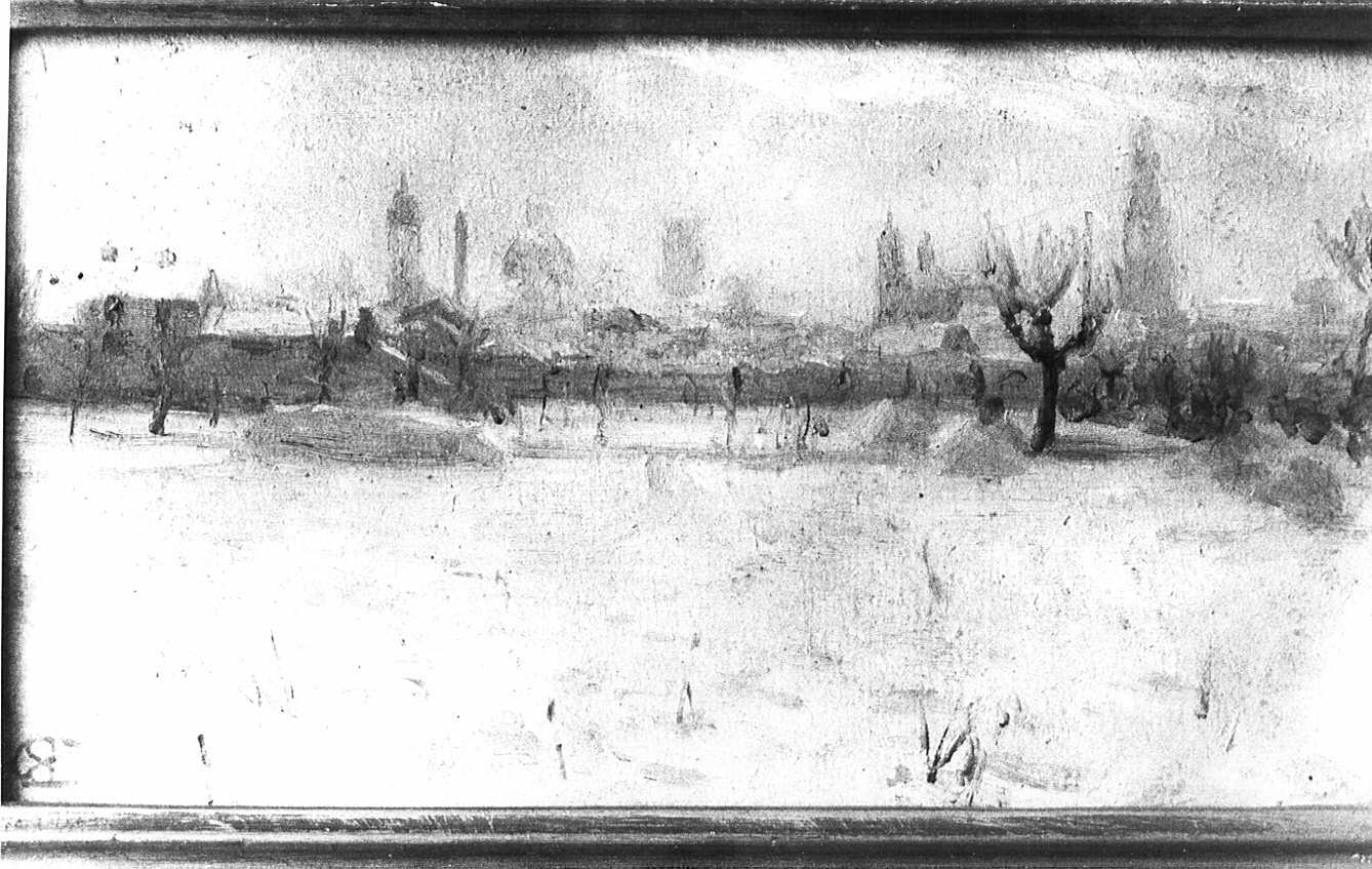 Nevicata in campagna, paesaggio invernale (dipinto) di Ottone Casimiro (attribuito) (inizio sec. XX)