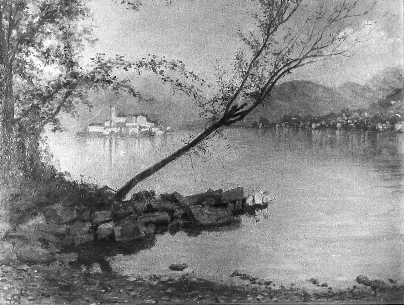 Lago d'Orta con San Giulio, paesaggio lacustre (dipinto) di Ottone Casimiro (attribuito) (primo quarto sec. XX)