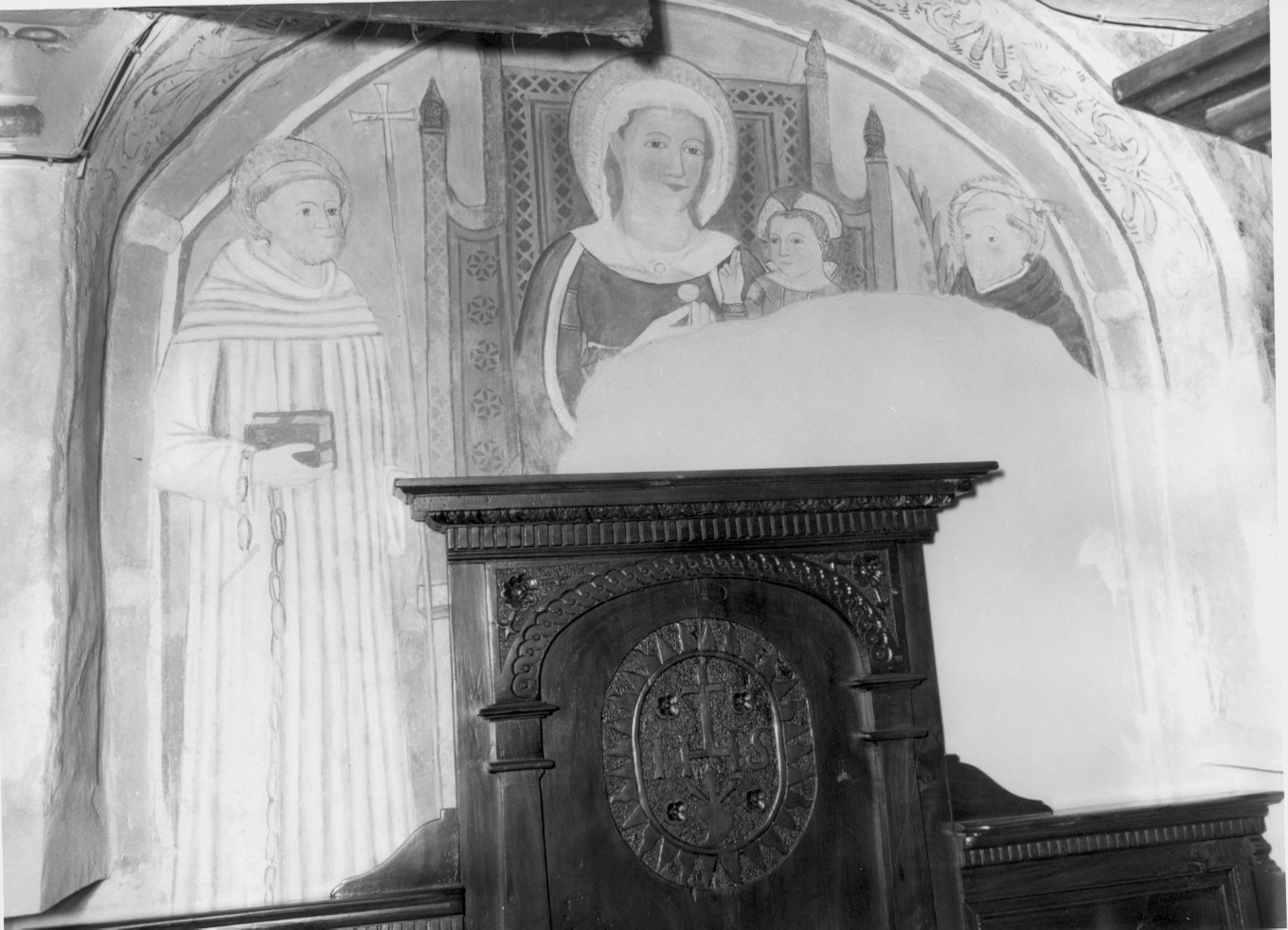 Madonna con Bambino in trono tra San Bernardo e San Pietro martire (dipinto murale, frammento) - ambito lombardo (seconda metà sec. XV)
