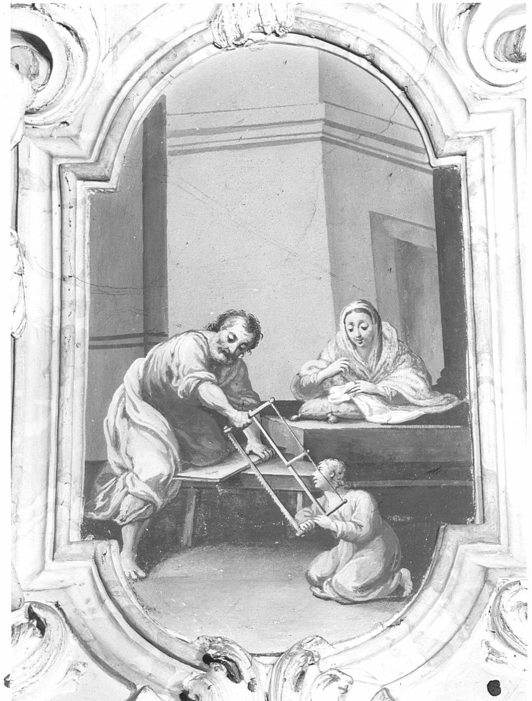 San Giuseppe nella sua bottega di falegname (dipinto murale, elemento d'insieme) - ambito lombardo (secondo quarto sec. XVIII)