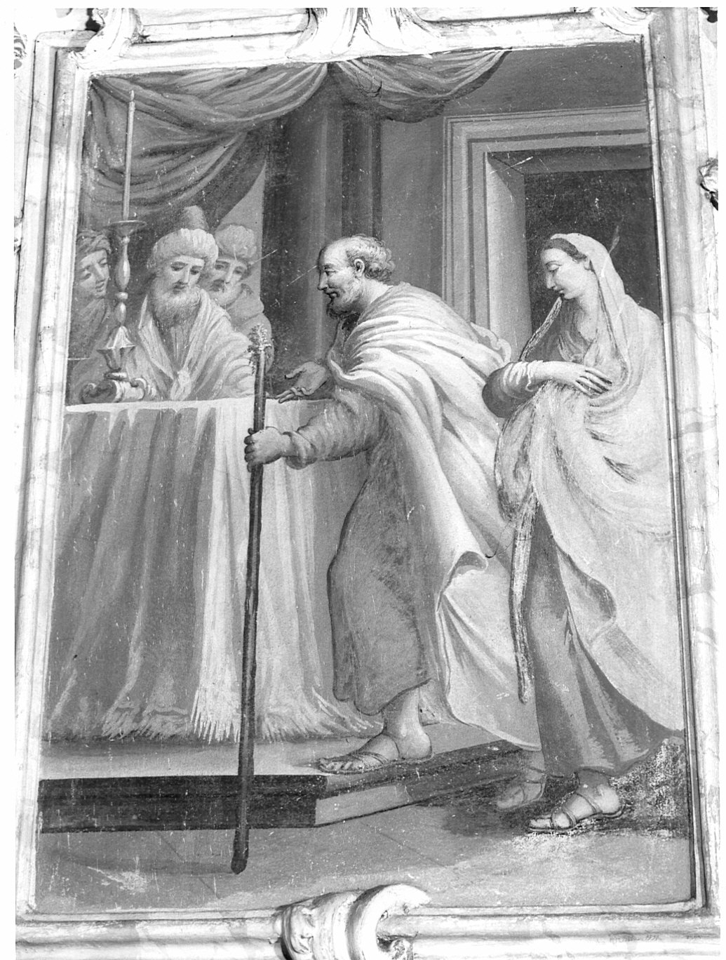 San Giuseppe e Maria Vergine in cerca di alloggio a Betlemme (dipinto murale, elemento d'insieme) - ambito lombardo (secondo quarto sec. XVIII)
