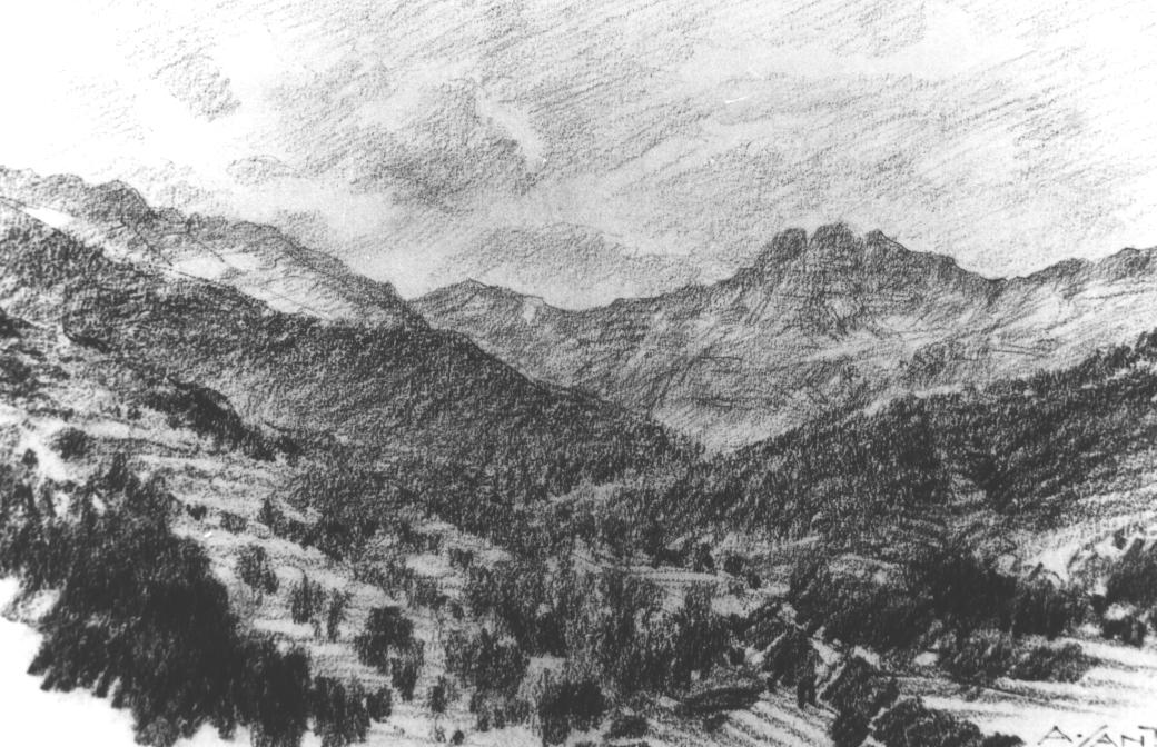 Monte Colombo, veduta di Vernante (disegno) di Santi Archimede (sec. XX)