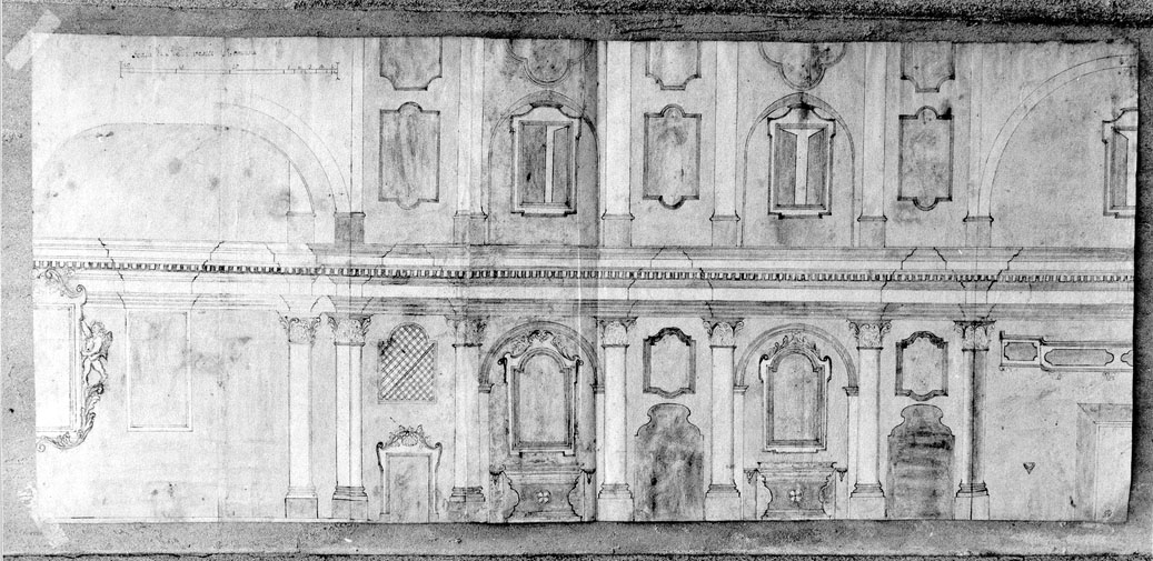 sezione longitudinale di chiesa (disegno) - ambito marchigiano (seconda metà sec. XVIII)