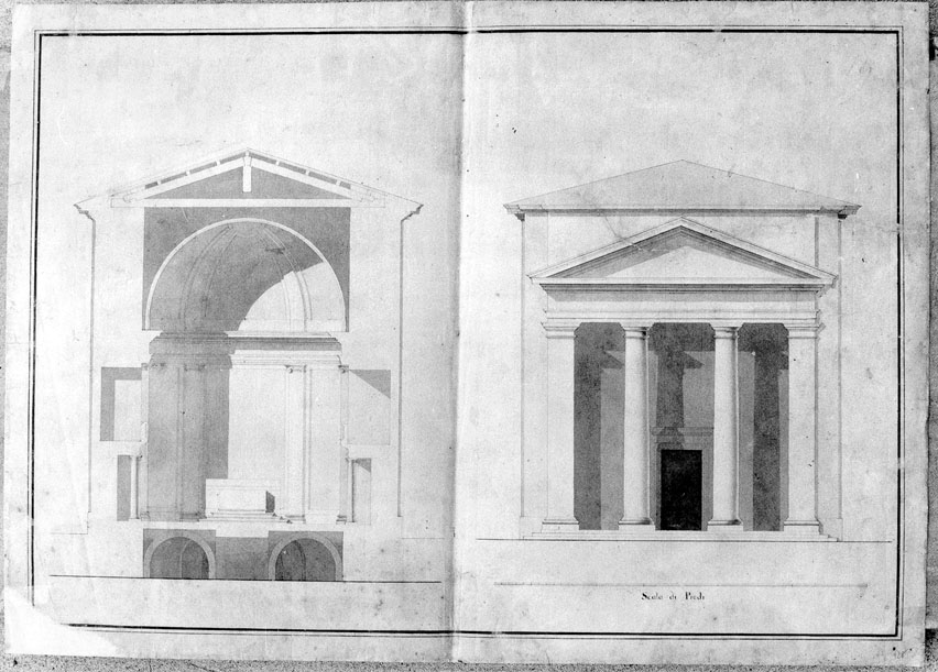 sezione e facciata di tempio (disegno) - ambito marchigiano (seconda metà sec. XVIII)