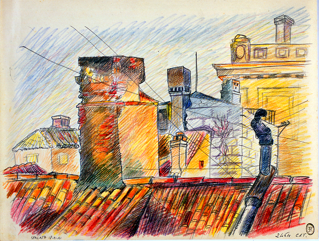 Paesaggio di Spalato, veduta di tetti e comignoli a Spalato (disegno) di Ercolani Ernesto (sec. XX)