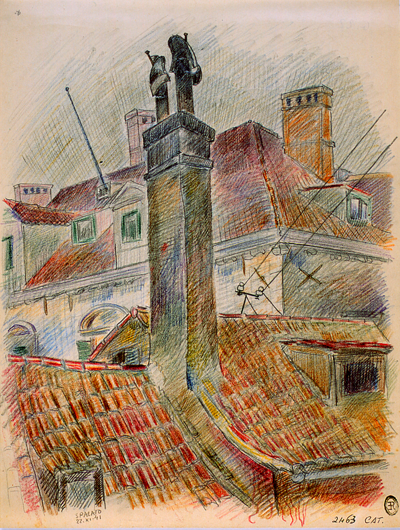 Paesaggio di Spalato, veduta di tetti e comignoli a Spalato (disegno) di Ercolani Ernesto (sec. XX)