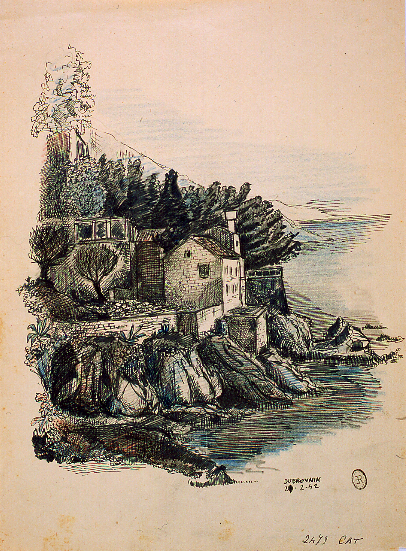 Casa sulla scogliera, paesaggio marino (disegno) di Ercolani Ernesto (sec. XX)