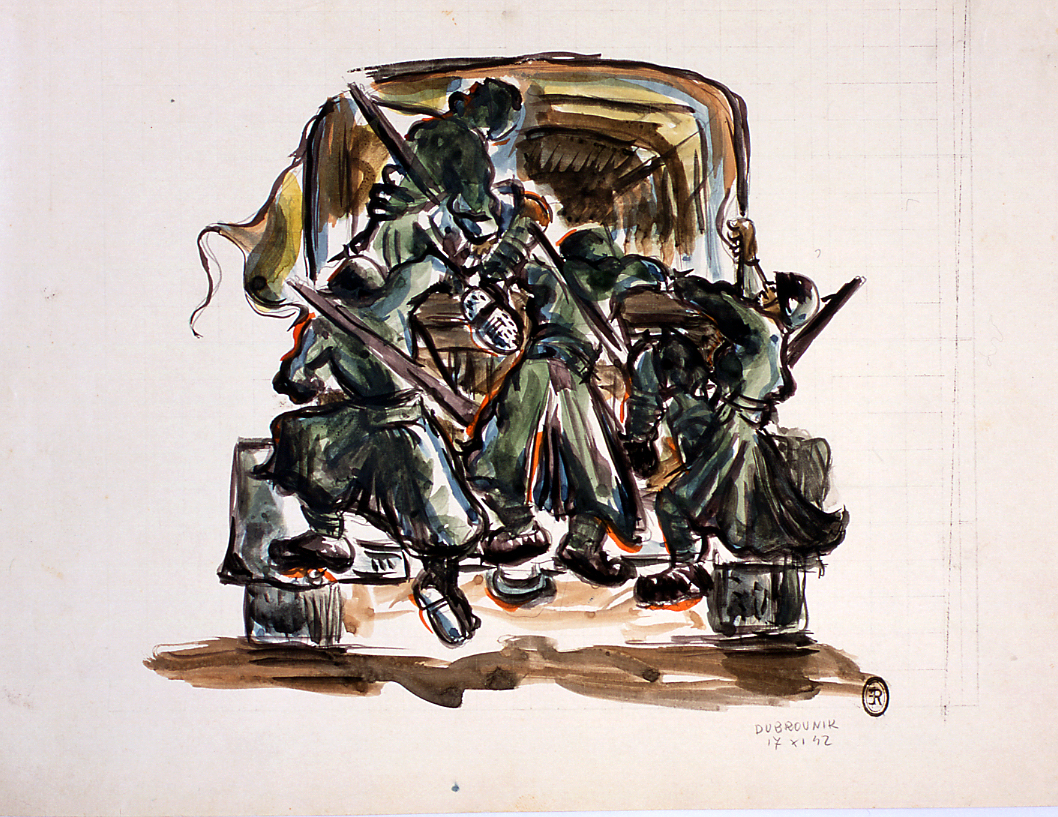 Soldati che salgono su un cassone di un camion, soldati su un camion (disegno) di Ercolani Ernesto (sec. XX)