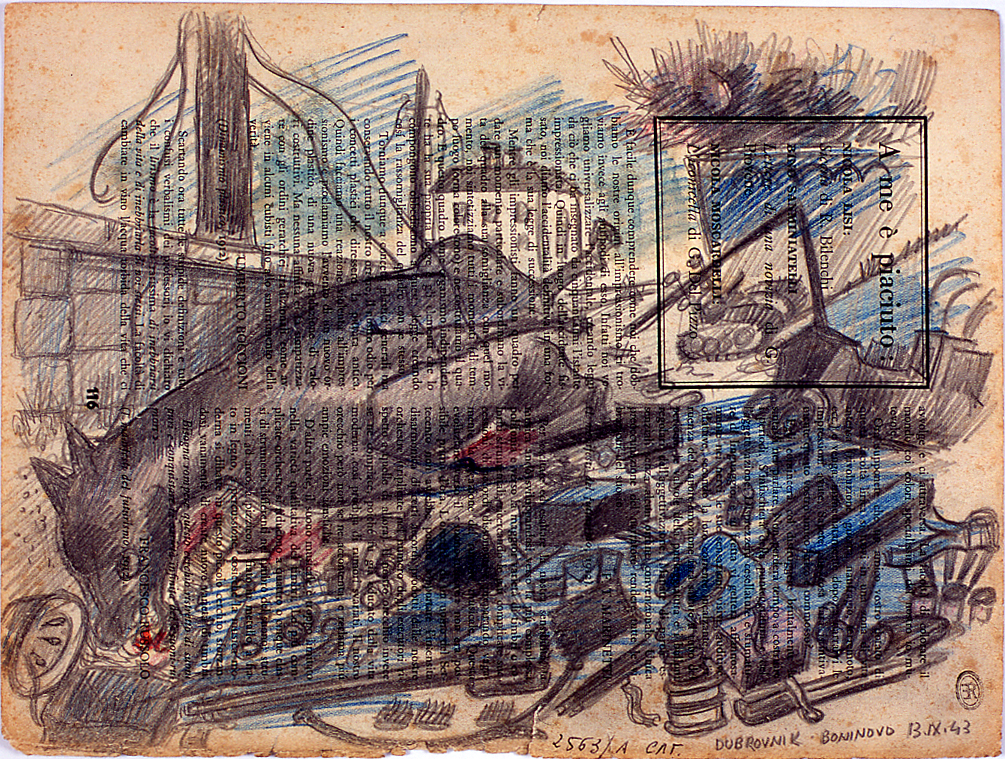 paesaggio urbano con carcassa di animale e oggetti (disegno) di Ercolani Ernesto (sec. XX)