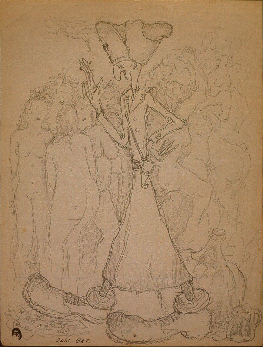 Tomasettone nel suo regno, milite e nudi femminili (disegno) di Ercolani Ernesto (sec. XX)
