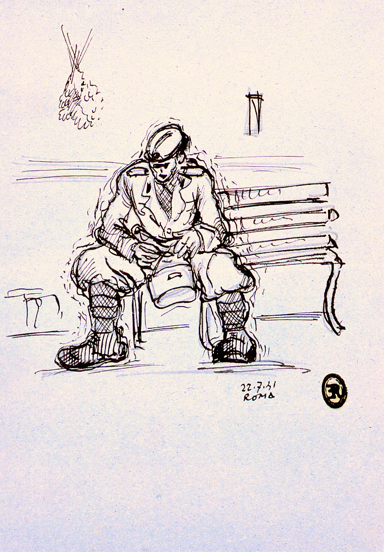 In attesa del rancio, milite seduto (disegno) di Ercolani Ernesto (sec. XX)