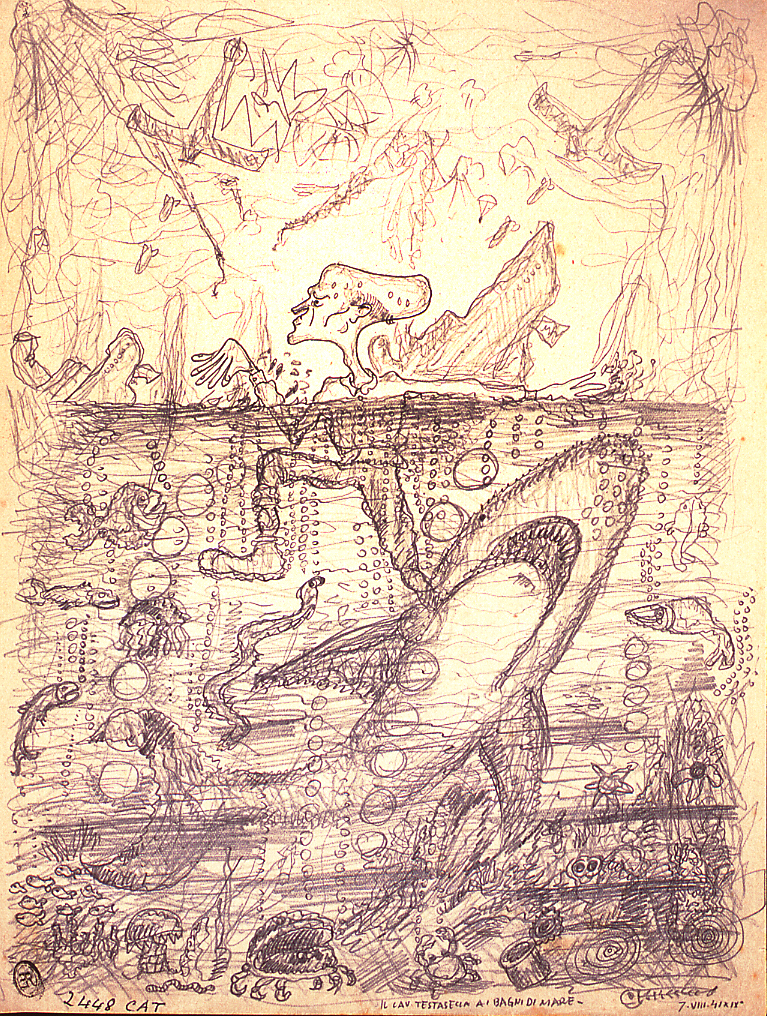 Il Cavalier Testasecca ai bagni di mare, paesaggio marino con figura (disegno) di Ercolani Ernesto (sec. XX)
